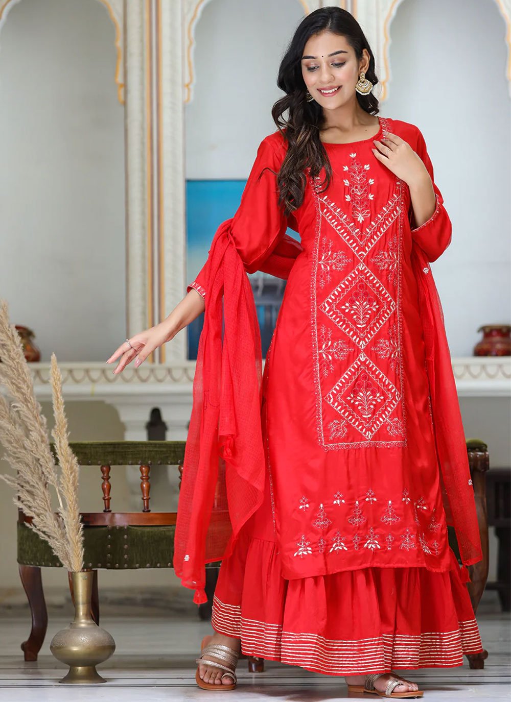 Salwar Suit Silk Red Embroidered Salwar Kameez