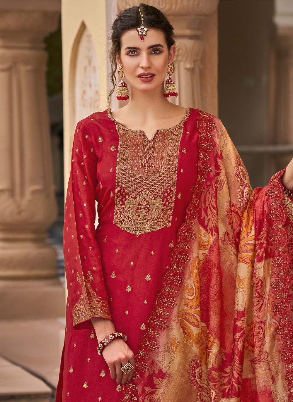 Palazzo Salwar Suit Silk Red Jacquard Work Salwar Kameez