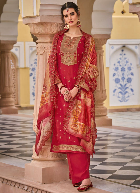 Palazzo Salwar Suit Silk Red Jacquard Work Salwar Kameez