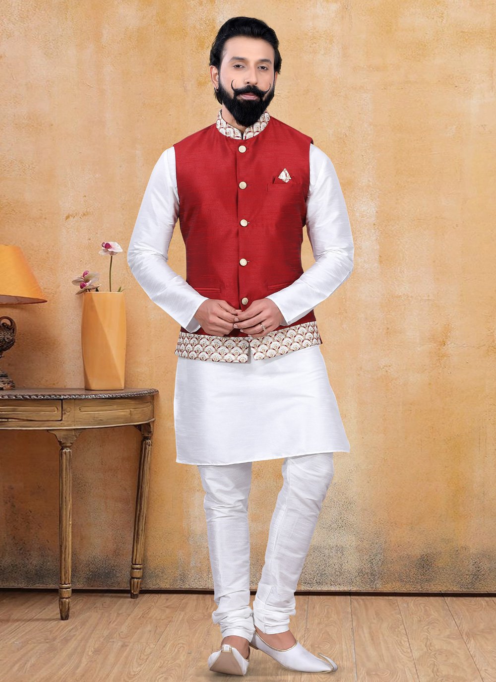 Nehru Jackets Silk Red Fancy Work Mens