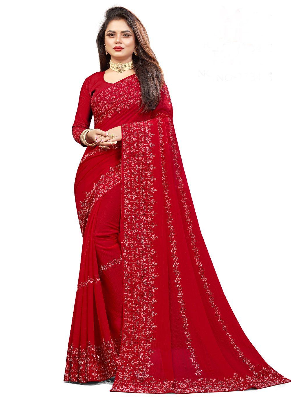 Classic Chiffon Silk Red Embroidered Saree