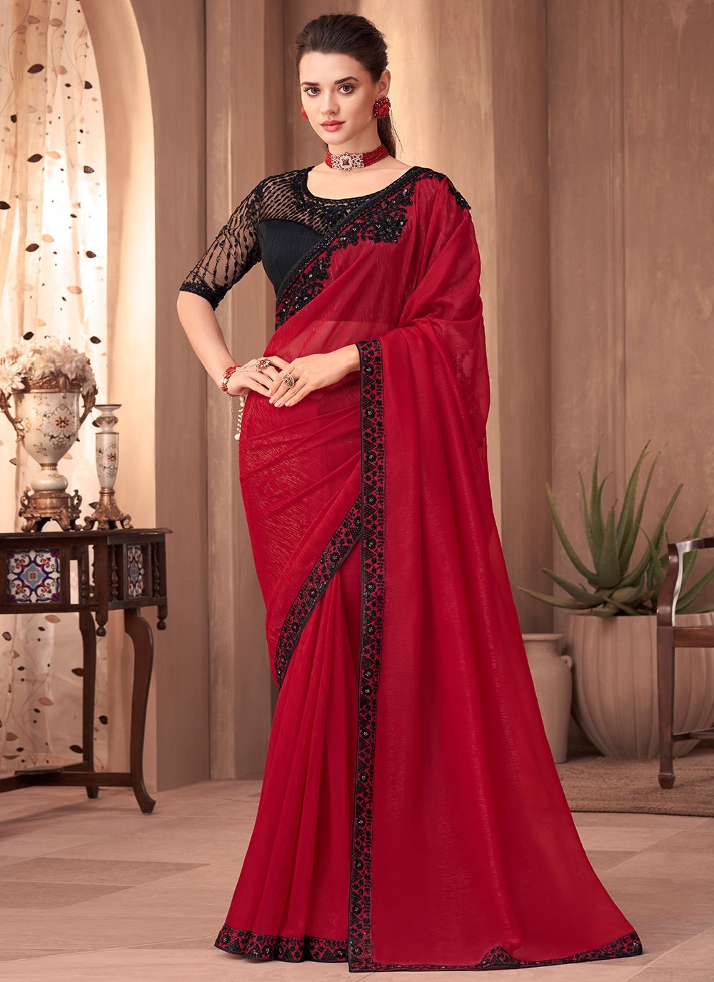 Traditional Saree Silk Red Embroidered Saree