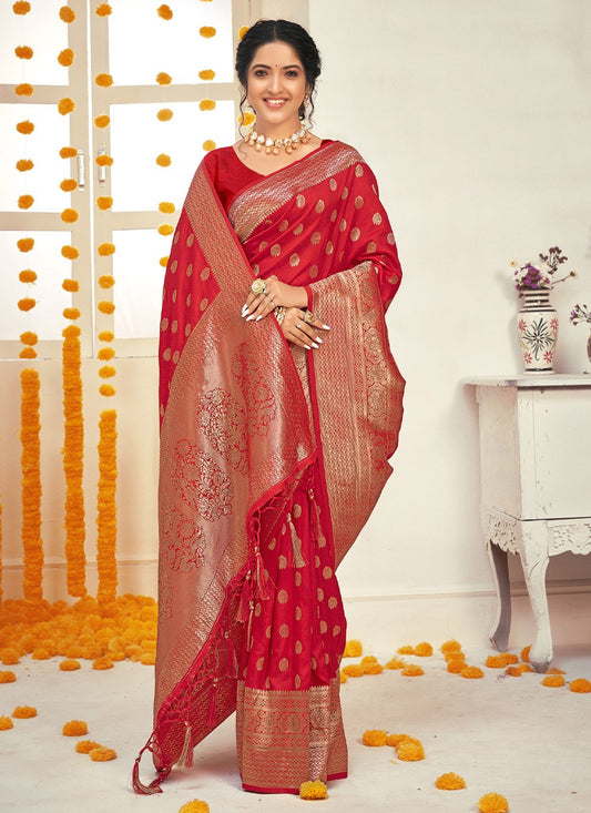 Trendy Saree Silk Red Embroidered Saree
