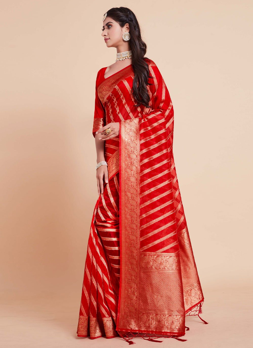 Trendy Saree Organza Silk Red Woven Saree