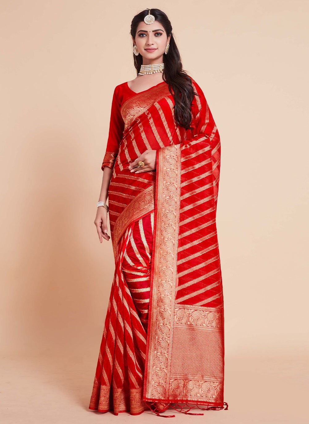 Trendy Saree Organza Silk Red Woven Saree