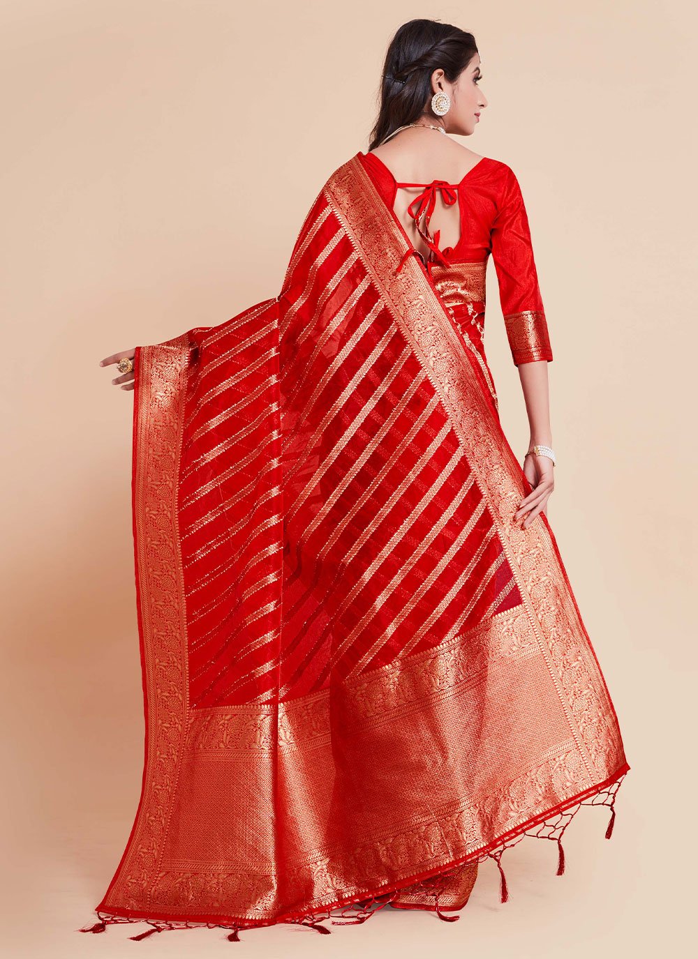 Trendy Saree Organza Silk Red Woven Saree