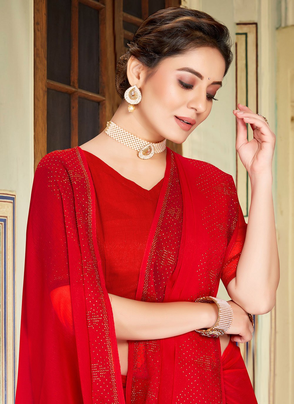 Contemporary Chiffon Red Stone Saree