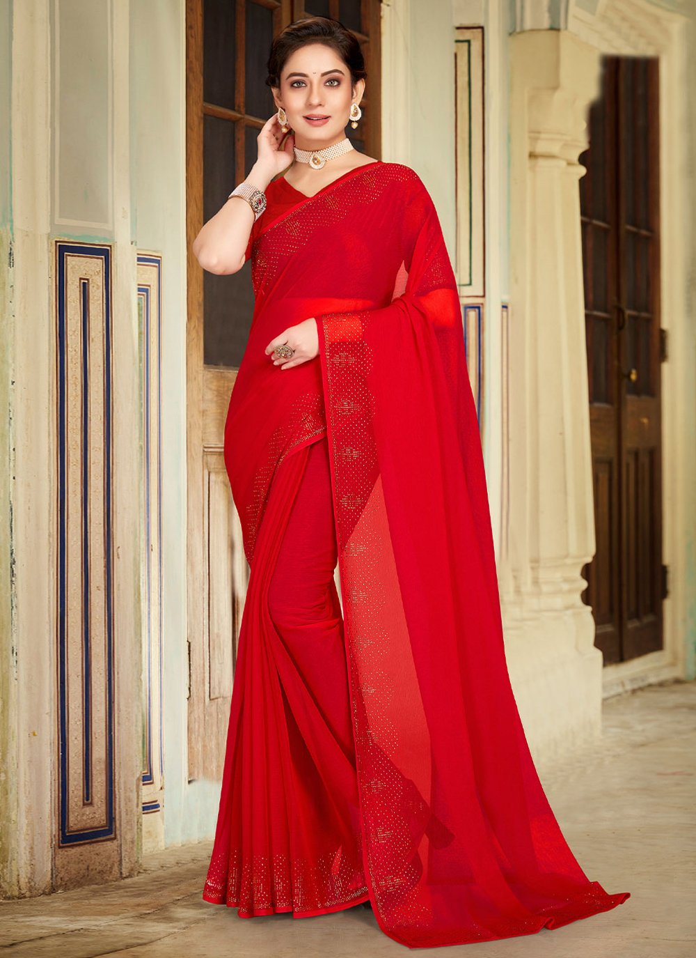 Contemporary Chiffon Red Stone Saree