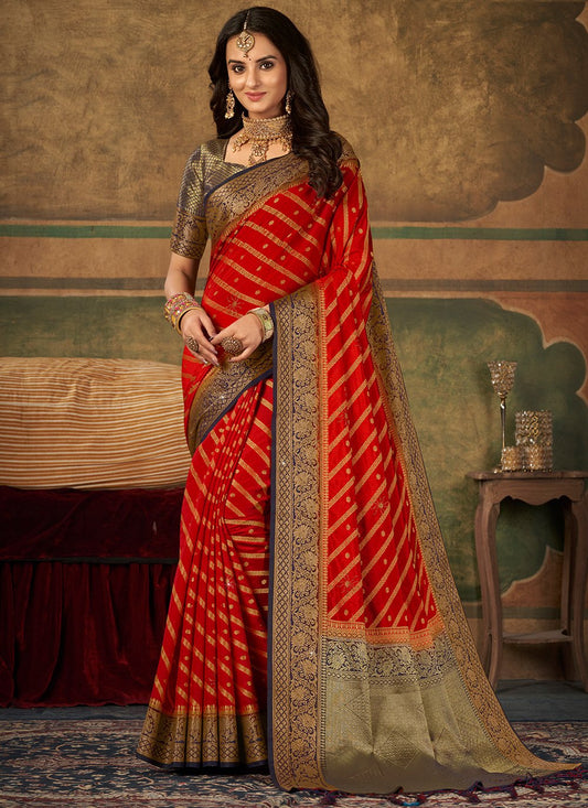 Trendy Saree Pure Dola Silk Red Swarovski Saree