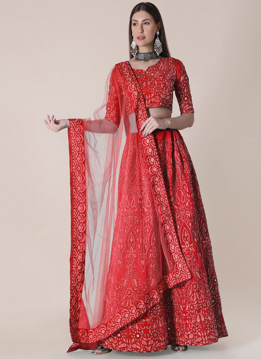 Lehenga Choli Tafeta Silk Red Embroidered Lehenga Choli