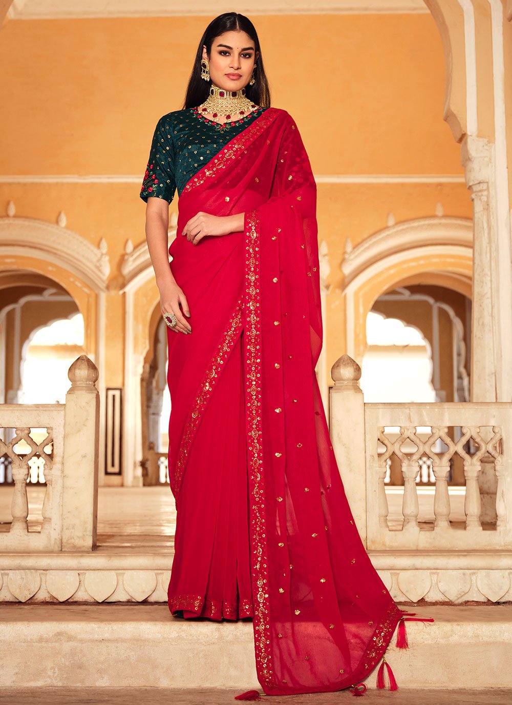 Contemporary Chinon Red Sequins Saree