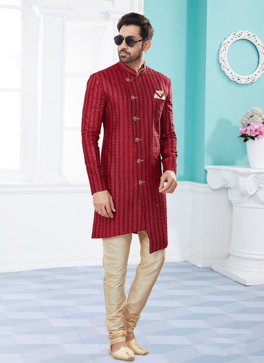 Indo Western Sherwani Jacquard Red Thread Mens