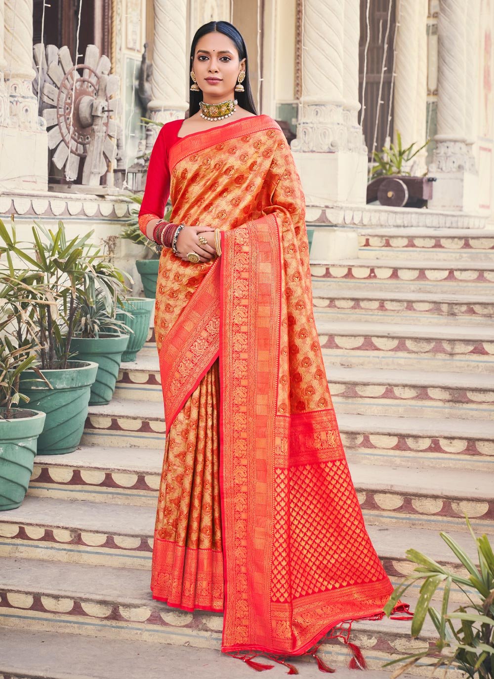 Traditional Saree Kanjivaram Silk Red Fancy Work Saree