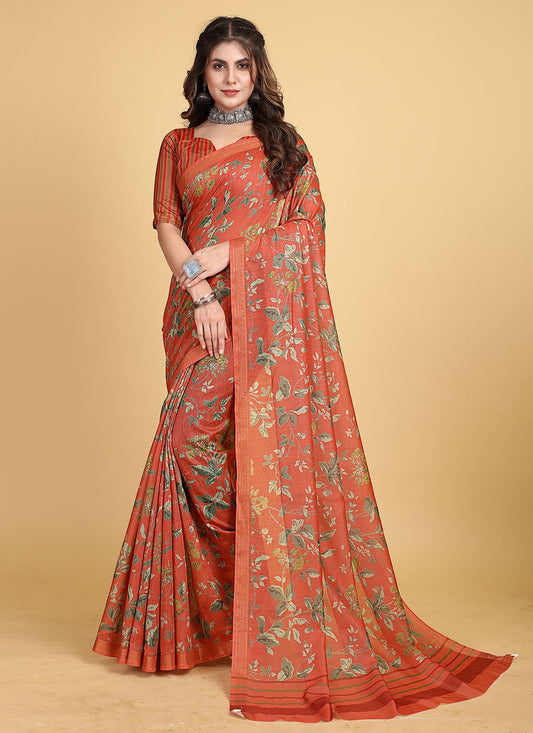 Trendy Saree Chanderi Cotton Red Print Saree