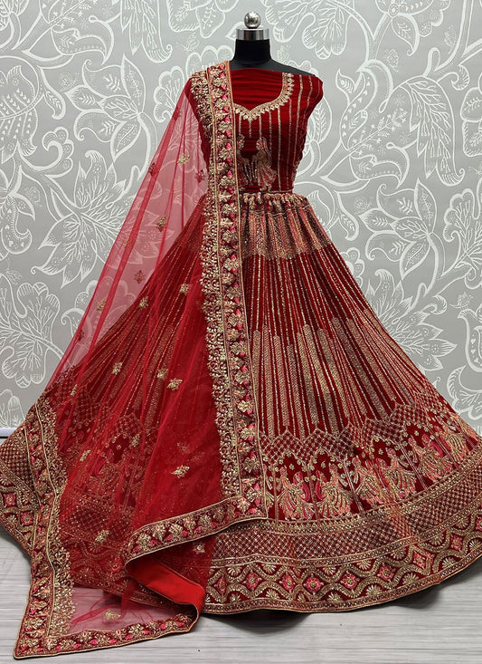 Lehenga Choli Velvet Red Dori Work Lehenga Choli