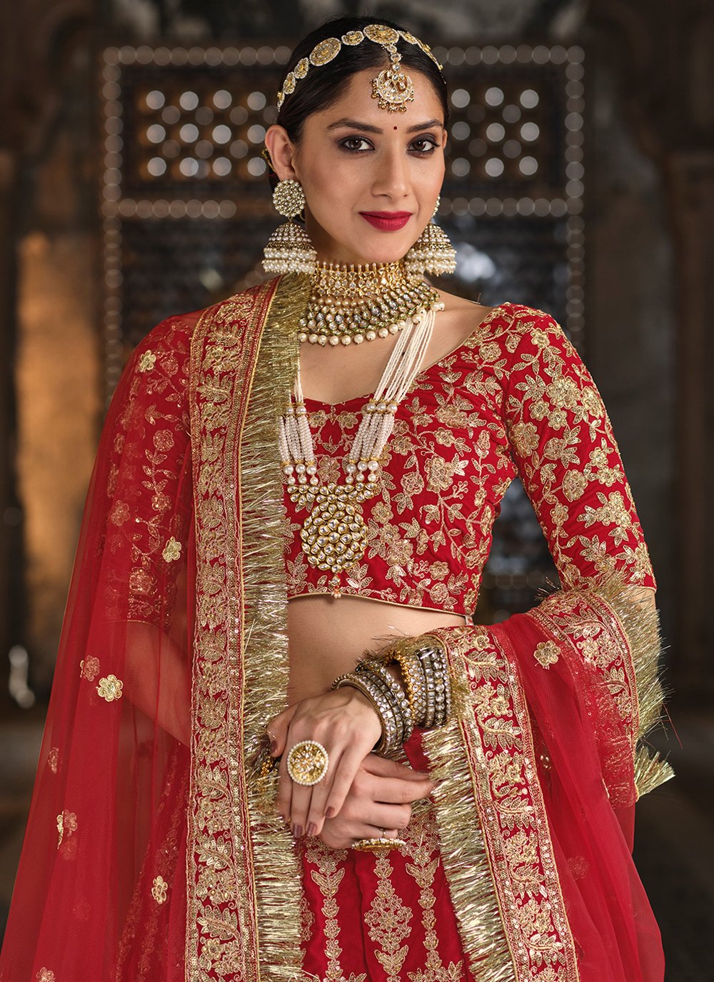 A Line Lehenga Velvet Red Dori Work Lehenga Choli