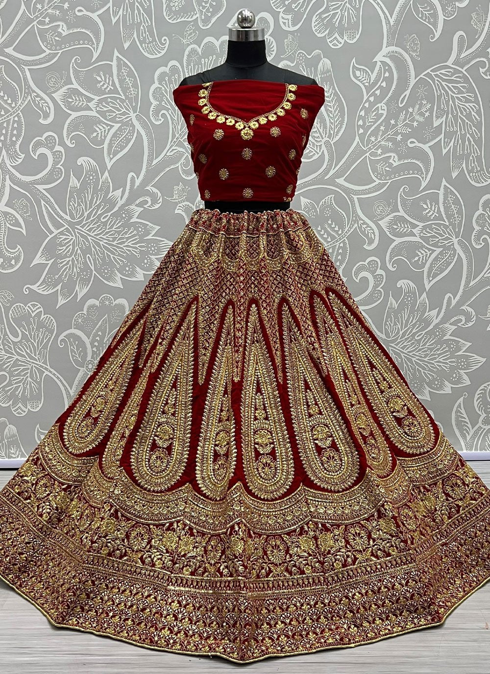 A Line Lehenga Velvet Red Dori Work Lehenga Choli