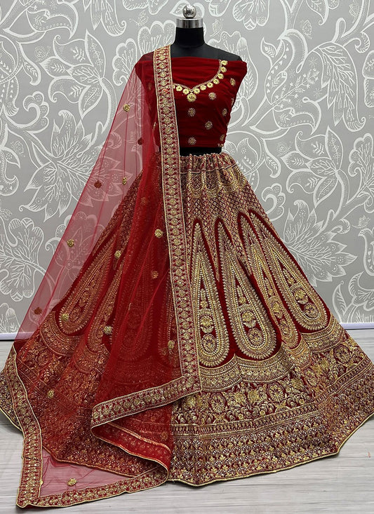 A Line Lehenga Velvet Red Dori Work Lehenga Choli