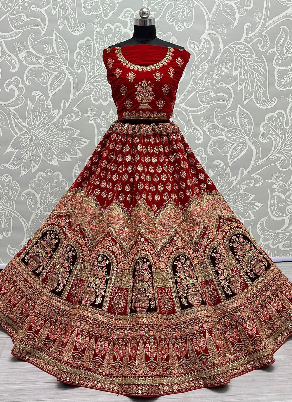 Lehenga Choli Velvet Red Diamond Lehenga Choli