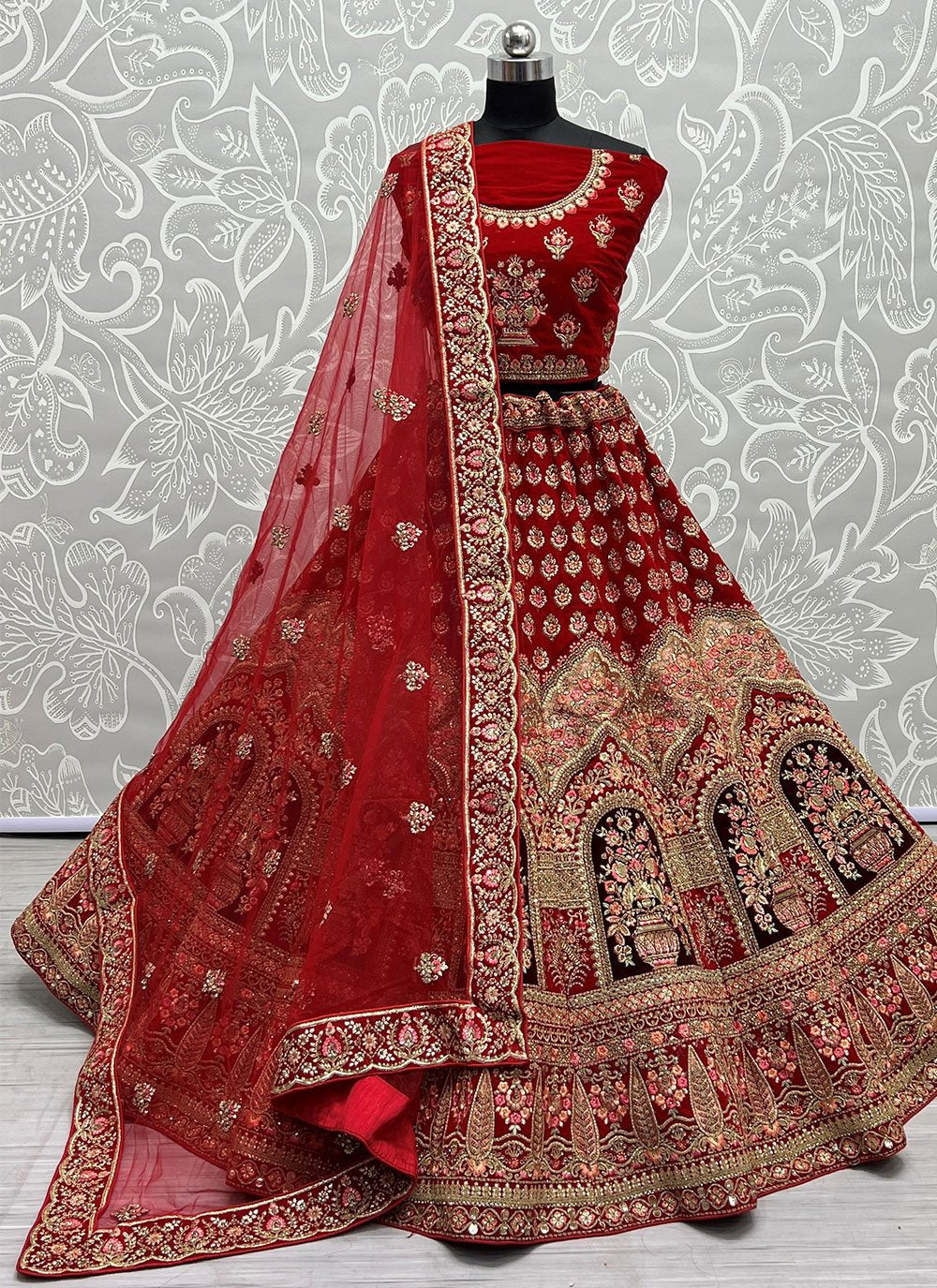 Lehenga Choli Velvet Red Diamond Lehenga Choli