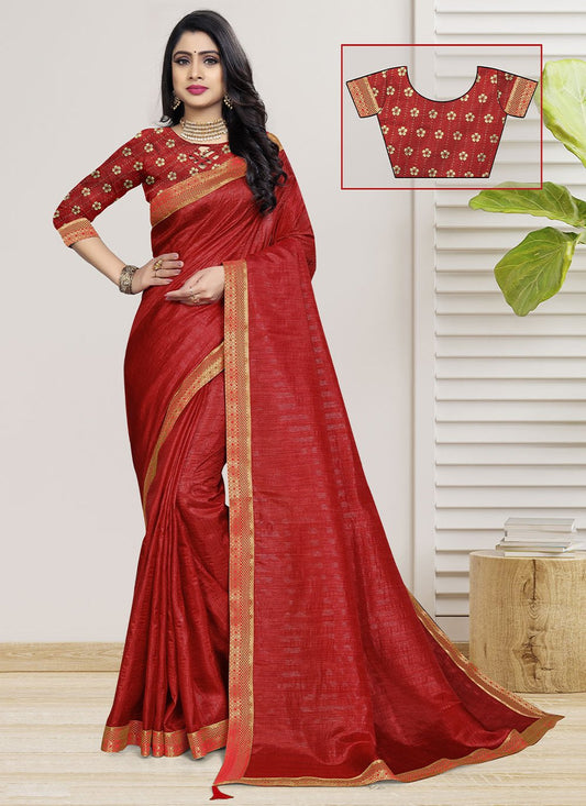 Trendy Saree Vichitra Silk Red Fancy Work Saree