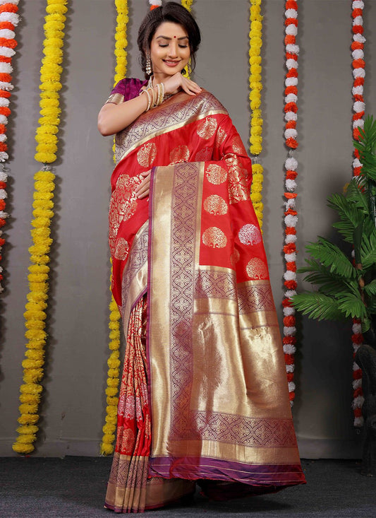 Designer Banarasi Silk Red Weaving Saree