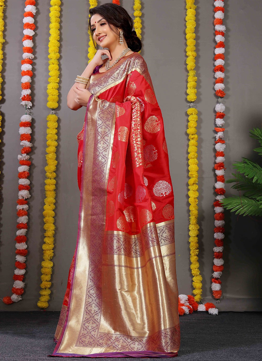 Designer Banarasi Silk Red Weaving Saree