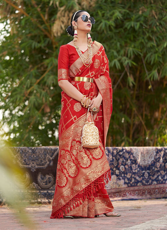 Designer Silk Red Swarovski Saree