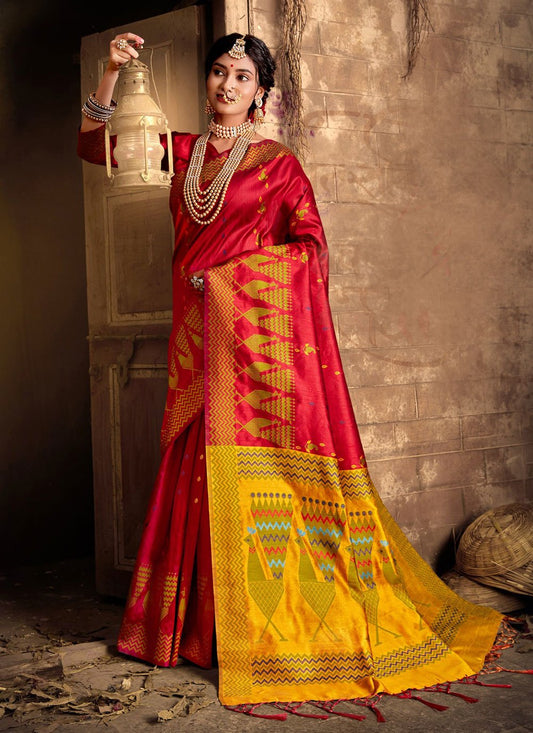 Contemporary Khadi Silk Red Weaving Saree