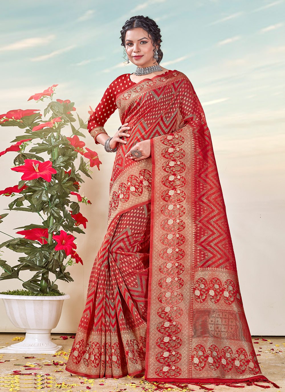 Traditional Saree Organza Red Weaving Saree