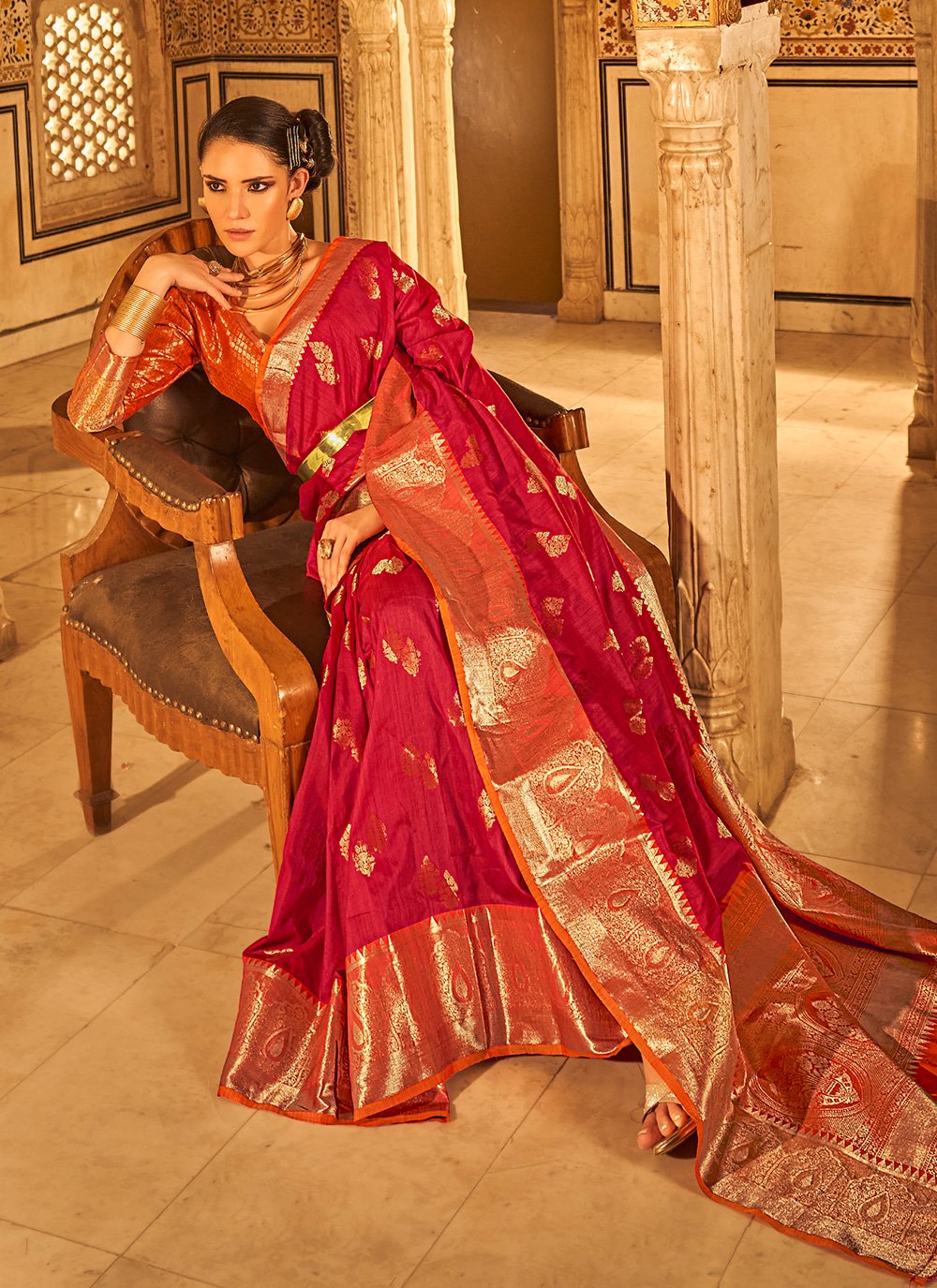 Trendy Saree Tussar Silk Red Weaving Saree