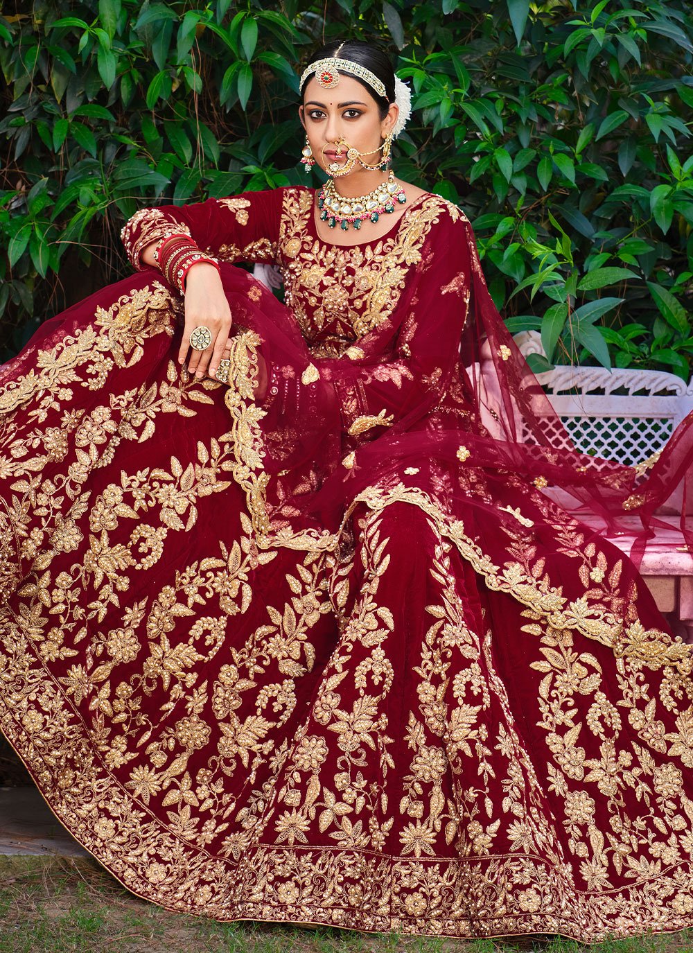 A Line Lehenga Velvet Red Dori Work Lehenga Choli