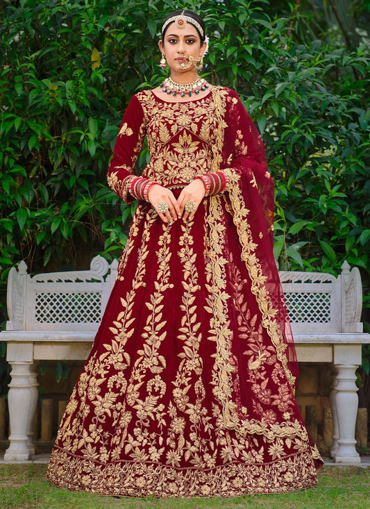 A Line Lehenga Velvet Red Dori Work Lehenga Choli