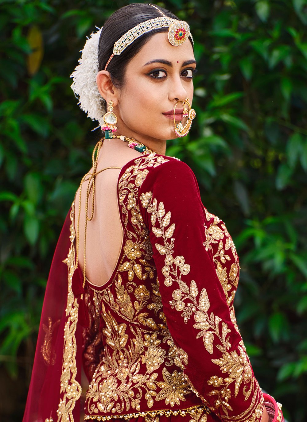 A Line Lehenga Velvet Red Dori Work Lehenga Choli