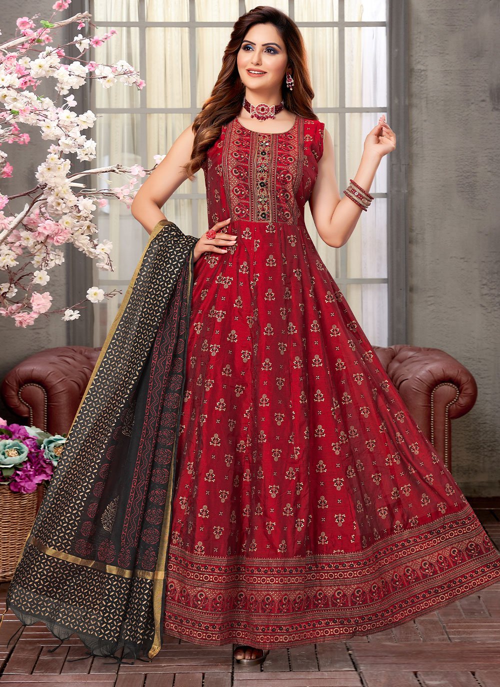 Anarkali Suit Silk Red Embroidered Salwar Kameez