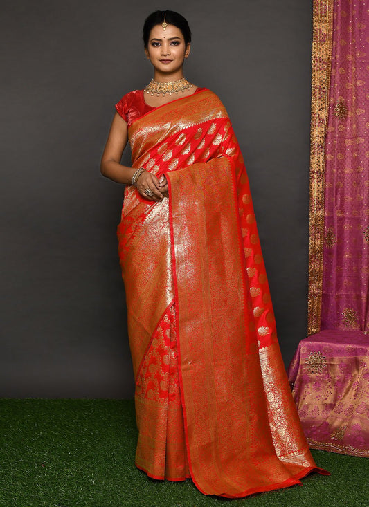 Contemporary Kanjivaram Silk Red Weaving Saree