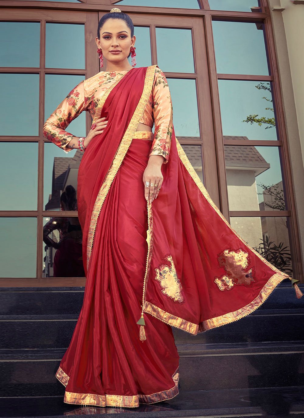 Contemporary Satin Silk Red Lace Saree