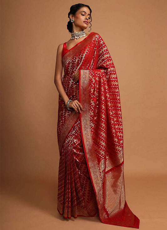 Trendy Saree Art Banarasi Silk Red Woven Saree