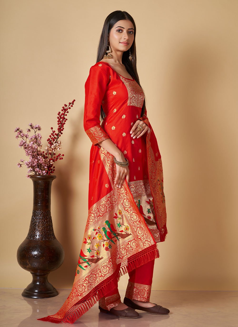 Salwar Suit Banarasi Silk Red Woven Salwar Kameez