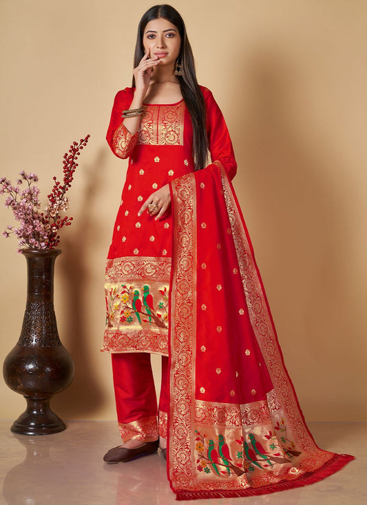 Salwar Suit Banarasi Silk Red Woven Salwar Kameez
