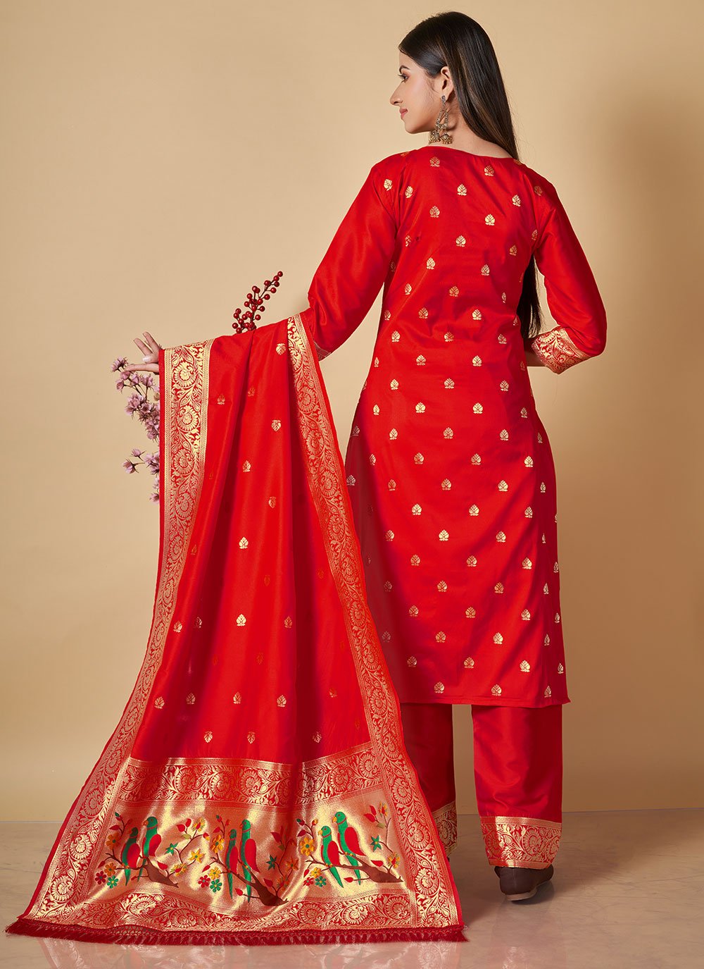 Salwar Suit Banarasi Silk Red Woven Salwar Kameez