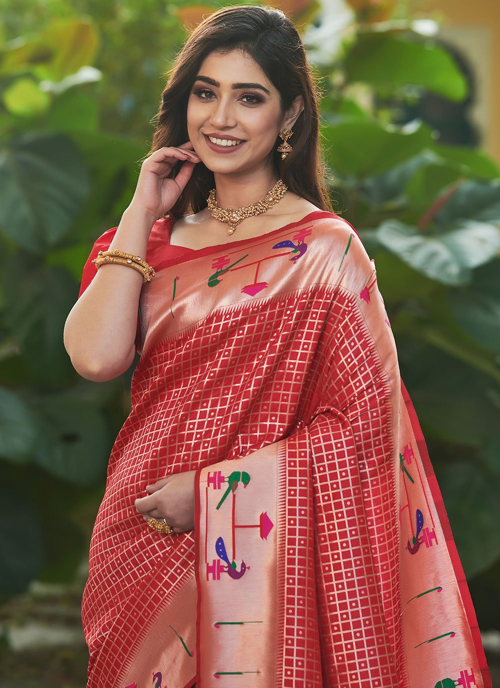 Classic Silk Red Floral Patch Saree