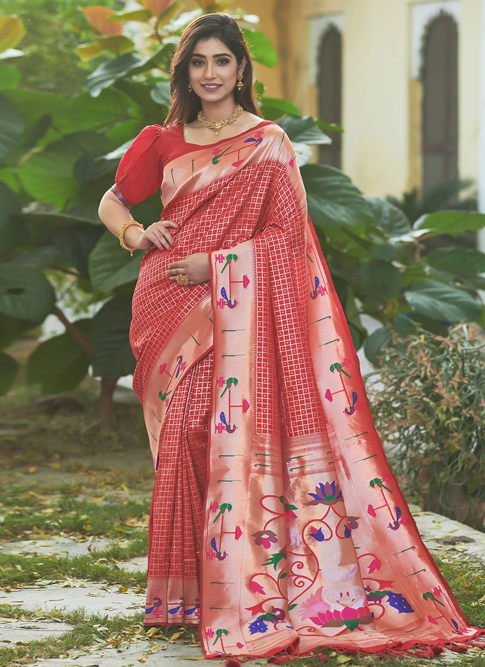 Classic Silk Red Floral Patch Saree