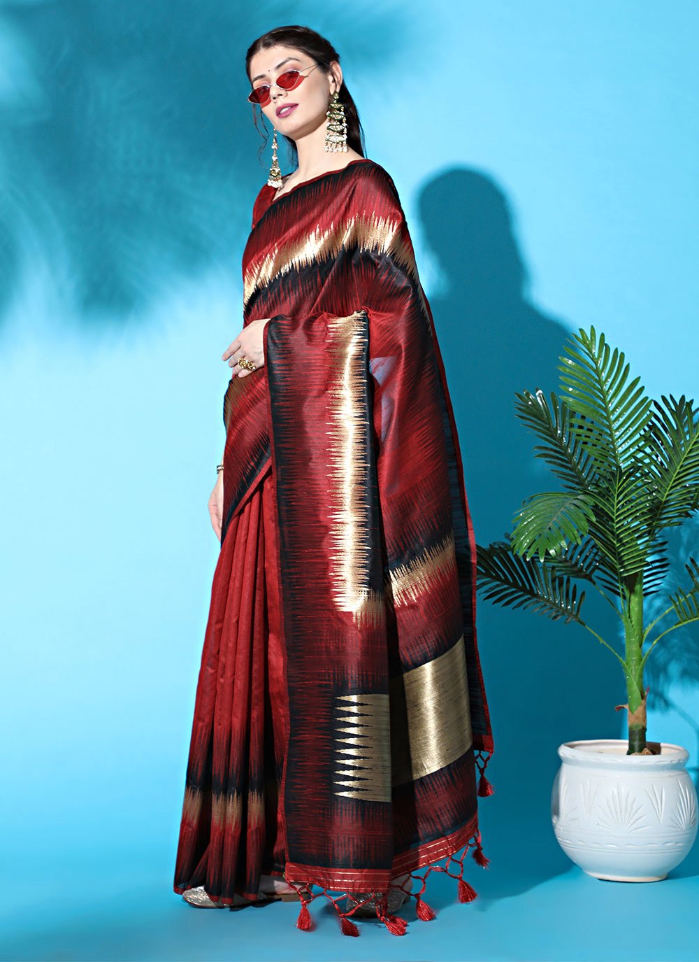 Trendy Saree Tussar Silk Red Woven Saree