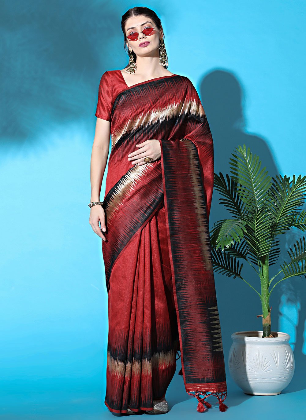 Trendy Saree Tussar Silk Red Woven Saree