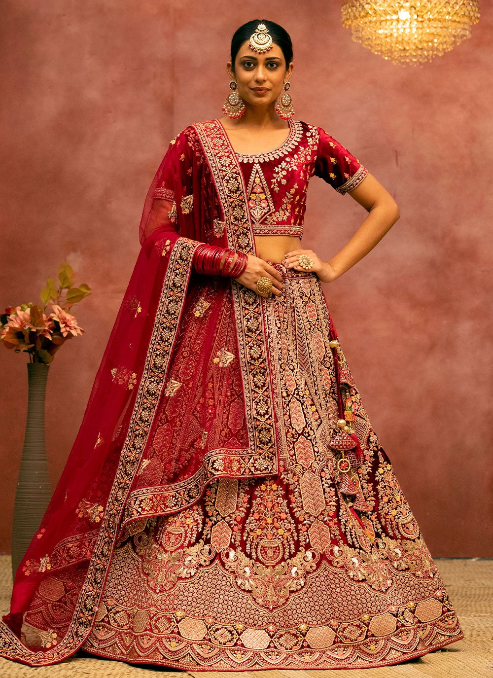 Lehenga Choli Velvet Red Embroidered Lehenga Choli