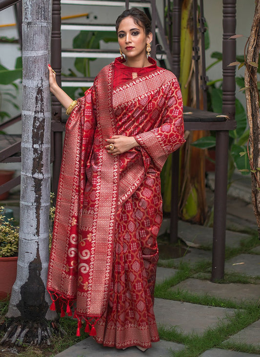 Trendy Saree Tussar Silk Red Woven Saree