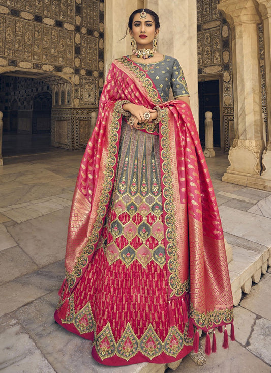 A Line Lehenga Banarasi Silk Grey Pink Embroidered Lehenga Choli