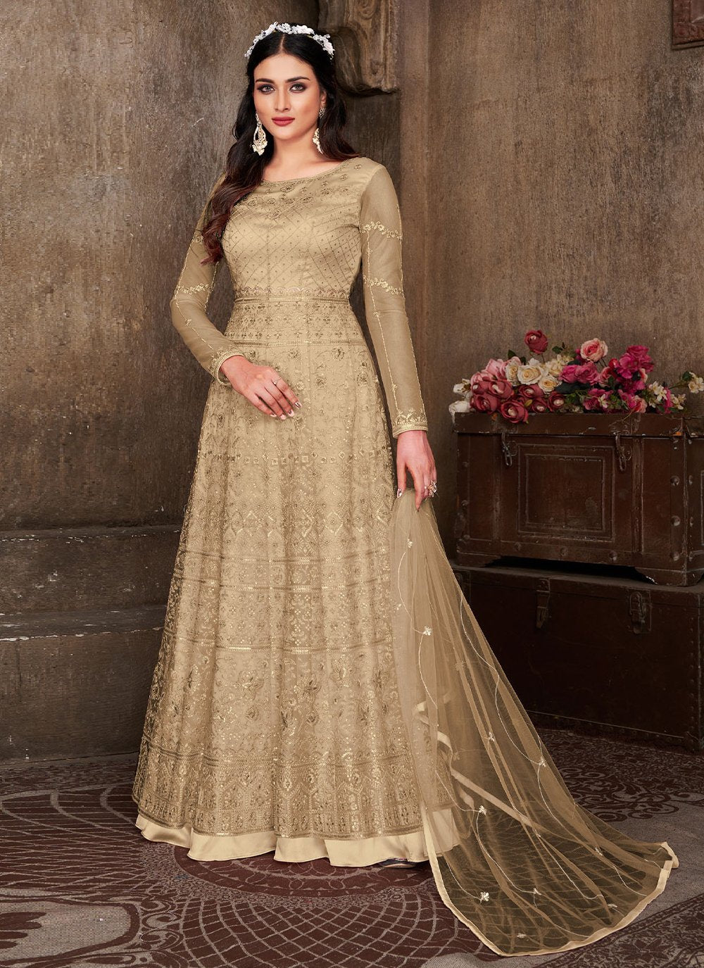 Anarkali Suit Net Beige Embroidered Salwar Kameez