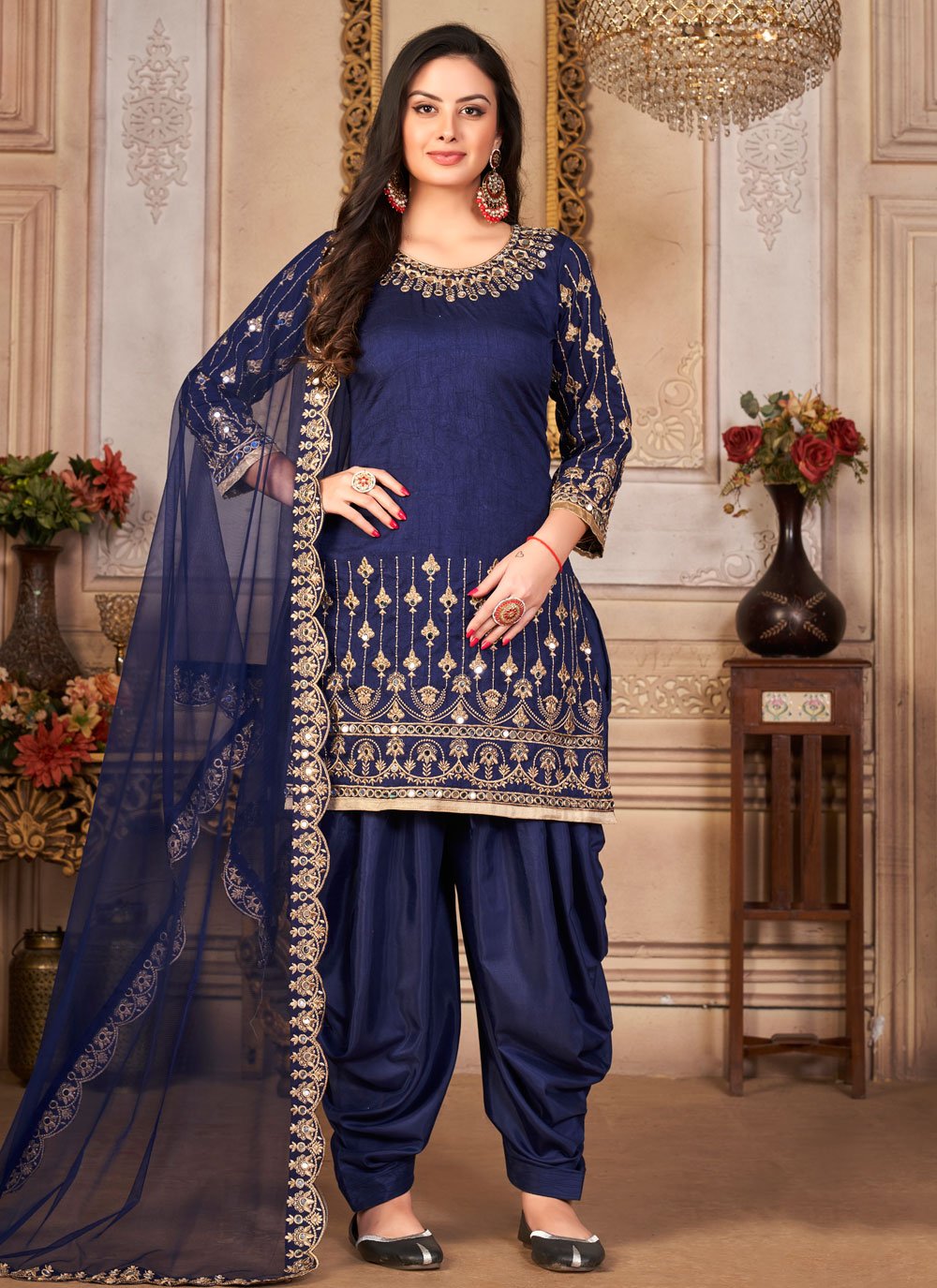 Patiala Suit Art Silk Blue Embroidered Salwar Kameez